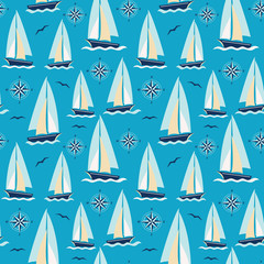 Vector pattern with sailboats compass and seagulls