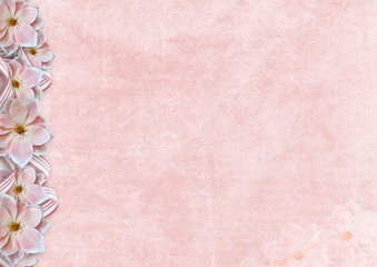 Vintage shabby background with border of pink flowers