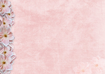 Vintage shabby background with border of pink flowers