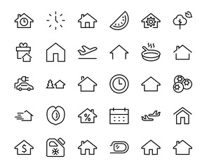 Simple set of line vector home icons. Contains house symbols at interest, infuse house and more. Editable stroke. 480x480 pixels perfect