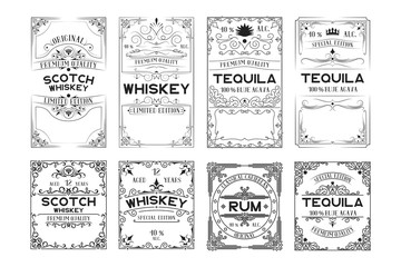 Set of scotch whiskey, tequila, rum labels. Vintage alcohol frames for bottles with lettering.