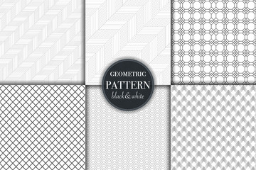 Set of 6 black and white grayscale geometric pattern background. Abstract line, dot retro style vector illustration for wallpaper, flyer, cover, banner, design template minimalistic ornament, backdrop