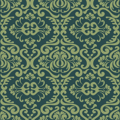 Vector seamless tile, green background, ancient ornament in the interior. Damask, Wallpaper or fabric. Print