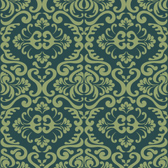Vector seamless tile, green background, ancient ornament in the interior. Damask, Wallpaper or fabric. Print