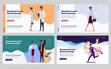 Stress at work set. Employees conflict, broken deadline, doctor office. Flat vector illustrations. Time management failure, job mistakes concept for banner, website design or landing web page