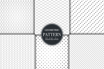 Set of 6 black and white grayscale geometric pattern background. Abstract line, dot retro style vector illustration for wallpaper, flyer, cover, banner, design template minimalistic ornament, backdrop