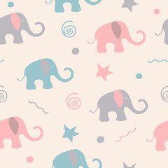 Seamless pattern with elephants and graphic elements. Cartoon kids style. Textile design texture. 