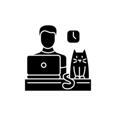 Pet friendly office black glyph icon. Domestic animal permitted territory. Cat at workplace, kitten and human working on computer. Silhouette symbol on white space. Vector isolated illustration