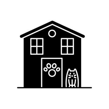 Animal Shelter Exterior Sign Black Glyph Icon. Stray Cats And Dogs House, Homeless Animals Care Place. Kitty Welcome Area. Silhouette Symbol On White Space. Vector Isolated Illustration