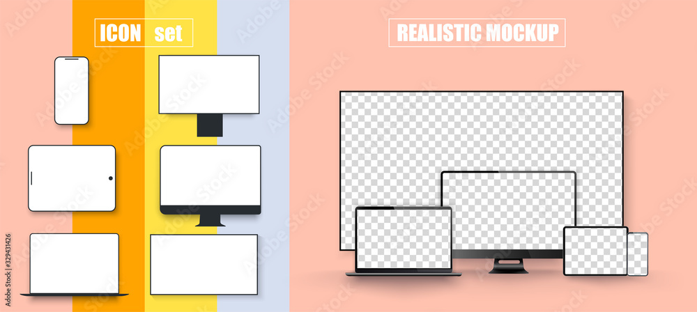 Poster Computer, laptop, tablet, smartphone and tv device with blank white screen. Mockup generic device. Template for infographics or presentation. Outline mockup electronics devices phone monitor lines