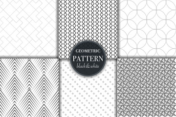 Set of 6 black and white grayscale geometric pattern background. Abstract line, dot retro style vector illustration for wallpaper, flyer, cover, banner, design template minimalistic ornament, backdrop