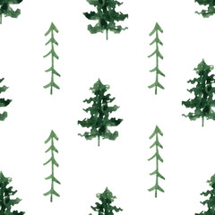 Adorable hand painted watercolor mountain and trees seamless pattern. Isolated on white background drawing for textile prints, child poster, cute stationery, travel design. 