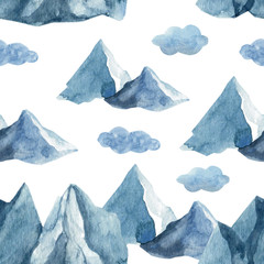Adorable hand painted watercolor mountain and trees seamless pattern. Isolated on white background drawing for textile prints, child poster, cute stationery, travel design.