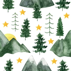 Wallpaper murals Mountains Adorable hand painted watercolor mountain and trees seamless pattern. Isolated on white background drawing for textile prints, child poster, cute stationery, travel design.
