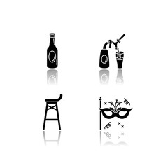 Entertainment venue drop shadow black glyph icons set. Recreation in pub, night club theme party. Beer bottle and tap, bar stool and masquerade mask isolated vector illustrations on white space