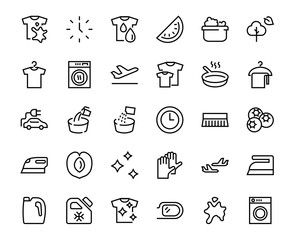 Simple set of washing related vector line Icons. Contains icons such as washing machine, powder, laundry, dirty t-shirt and much more. On a white background, editable stroke. 48x48 pixels perfect