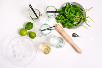Mojito cocktail alcoholic. Ingredients for making a summer refreshing drink. On a white table are...