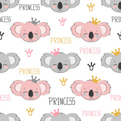 Cartoon koala princess pattern. Seamless baby print, kids textile.	