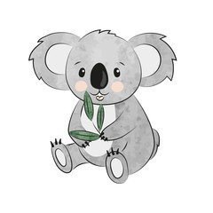 Cute cartoon koala eating eucalyptus. Vector watercolor illustration. © Afanasia