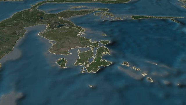 Sulawesi Tenggara, province with its capital, zoomed and extruded on the satellite map of Indonesia in the conformal Stereographic projection. Animation 3D