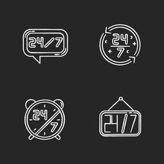 24 7 hour service chalk white icons set on black background. 24 hrs call center. Alarm clock with numbers. Helpdesk symbol. Hanging convenience store sign. Isolated vector chalkboard illustrations