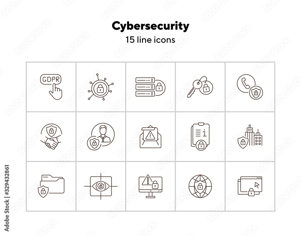 Poster cybersecurity line icon set. lock, server, access, files, state security isolated outline sign pack.