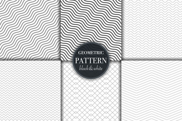 Set of 6 black and white grayscale geometric pattern background. Abstract line, dot retro style vector illustration for wallpaper, flyer, cover, banner, design template minimalistic ornament, backdrop