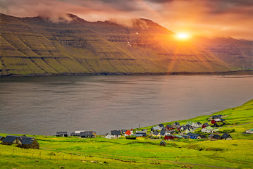 Trollanes Village, Kalsoy Island, Faroe Islands, Sunrise Over Mountains, Beautiful Panoramic Scene Of Nordic Islands © Ilgov