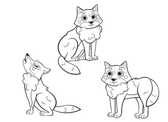 Coloring page outline of cute cartoon wolf. Vector set of wolf in different postures isolated on white background. Coloring book of forest wild animals for kids