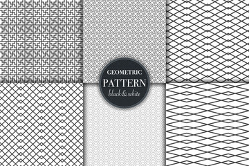 Set of 6 black and white grayscale geometric pattern background. Abstract line, dot retro style vector illustration for wallpaper, flyer, cover, banner, design template minimalistic ornament, backdrop