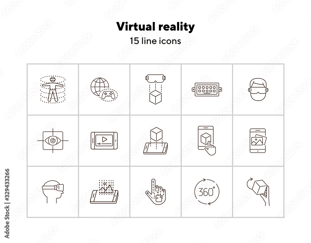 Poster virtual reality line icons. 360 degrees, robotic hand, 3d modeling. virtual reality concept. vector 