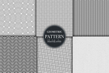 Set of 6 black and white grayscale geometric pattern background. Abstract line, dot retro style vector illustration for wallpaper, flyer, cover, banner, design template minimalistic ornament, backdrop