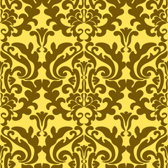 Vector seamless tile, yellow background, old ornament in the interior. Damask, Wallpaper or fabric. Print