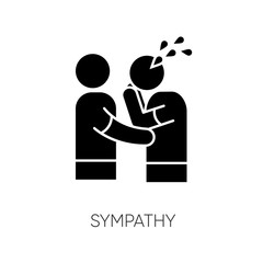 Sympathy black glyph icon. Friendly consolation and support, emotional care, friendship silhouette symbol on white space. Comforting, cheering sad friend. Vector isolated illustration
