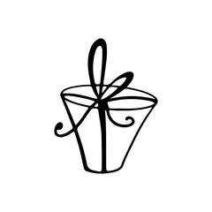 Gift box with bow cute outline doodle digital art. Print for cards, banners, posters, wrapping paper, packages, boxes, stickers, fabrics, coloring for children and adults.