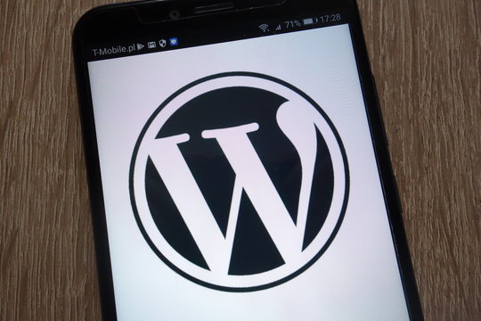 KONSKIE, POLAND - SEPTEMBER 07, 2018: WordPress logo displayed on a modern smartphone
