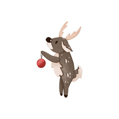Spotted brown deer with Christmas tree toy ball in hands textural cute digital art. Print for cards, banners, posters, wrapping paper, packages, boxes, stickers, fabrics.