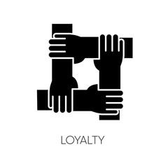 Obraz premium Loyalty black glyph icon. Social connection, collective bonding. Friendship, unity, teamwork silhouette symbol on white space. People holding together hands vector isolated illustration