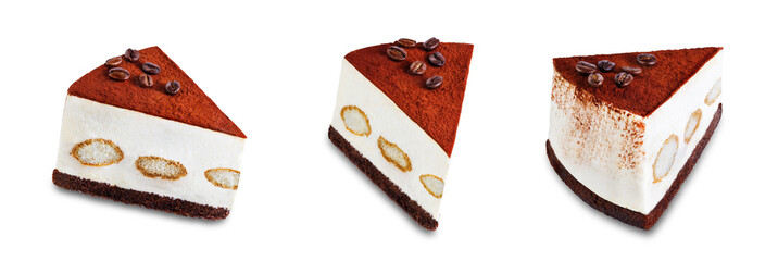 Tiramisu cake decorated with coffee beans on a white isolated background