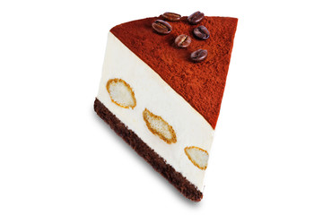 Tiramisu cake decorated with coffee beans on a white isolated background