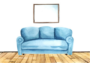 Bottom border template of furniture object. Turquoise cozy sofa on rough wooden floor against white wall with window in the middle with clear sky visible through it. Hand drawn watercolor illustration