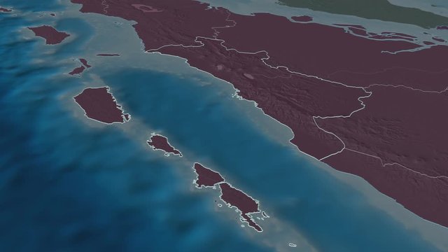 Sumatera Barat, province with its capital, zoomed and extruded on the administrative map of Indonesia in the conformal Stereographic projection. Animation 3D