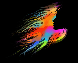 Beautiful multicolored girl's profile silhouette with her hair - vector illustration . Mixed media.