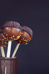 Chocolate cake pops with coconut flakes on a dark background. Mini cakes on a wooden stick. A popular sweet dessert.
