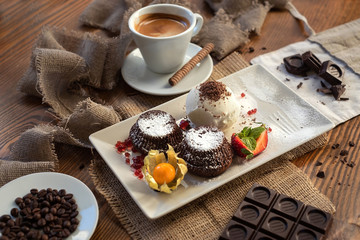 Chocolate muffins on plate with icecream