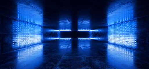 Neon Glowing Sci Fi Futuristic Cyber Retro Empty Grunge Concrete Dark Reflective Tunnel Corridor Blue Pantone Lights Dot Shaped Studio Club 3D Rendering