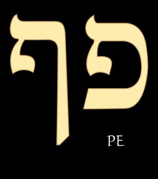 Hebrew letter pe, seventeenth letter of hebrew alphabet, meaning is mouth, gold design on black background, vector alefbet