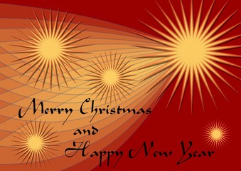 abstract red background with shiny stylized comets on dark red background, transparency effect, text Merry christmas and happy new year, vector design