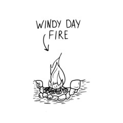 Vector element of type campfire. Drawn by hand in a doodle style with a black outline. Isolated on a white background. For camping trips, campfire instructions, design instructions, warning signs.