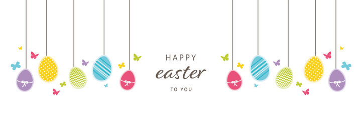 Easter banner with hand drawn hanging egg decoration and greetings. Doodles and sketches vector vintage illustrations, DIN A6.